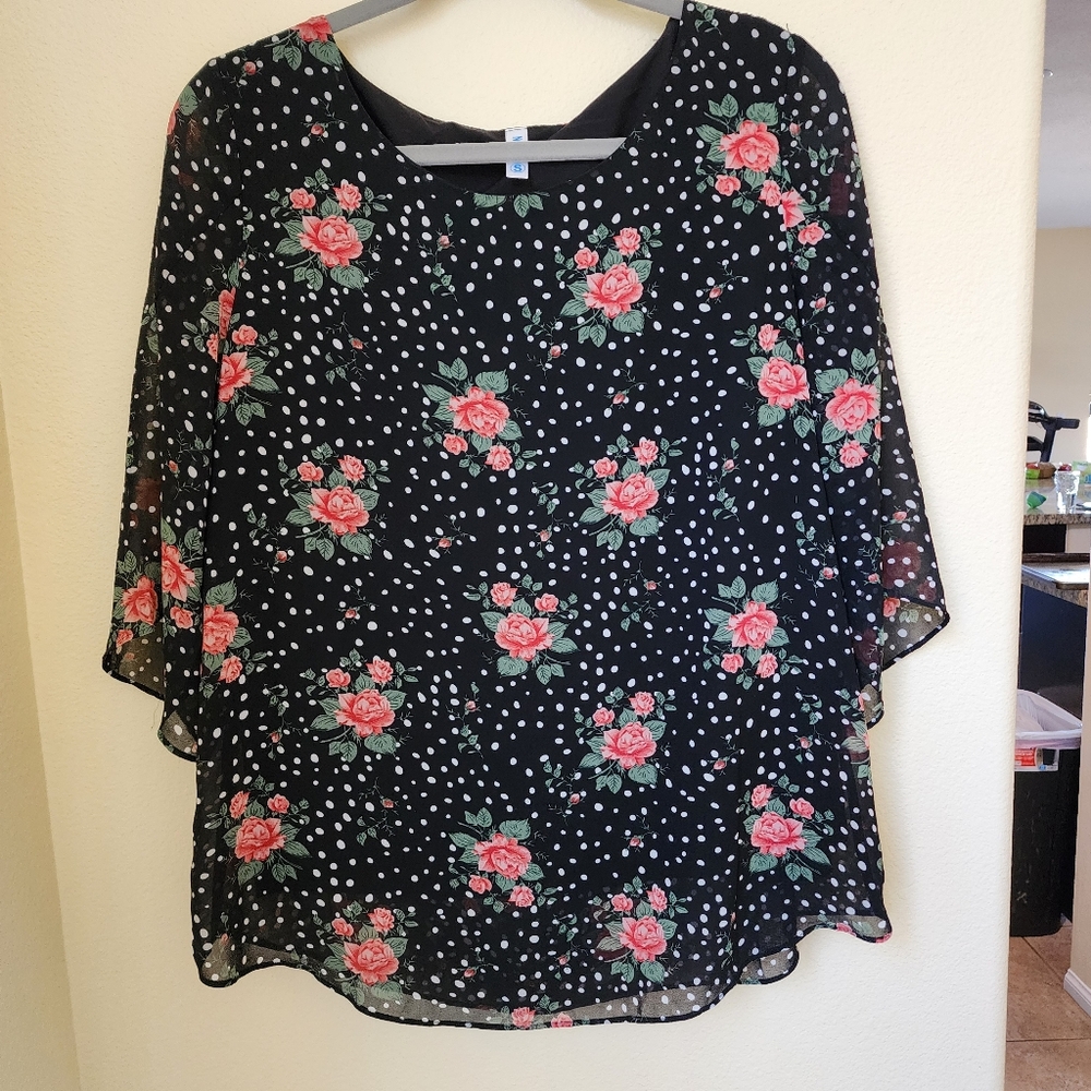 Neineiwu Floral Flowy Feminine Romantic Dotted Pink Rose Black Blouse Top Small